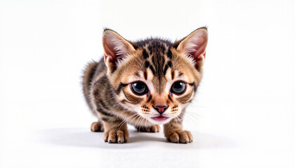 Adorable Bengal kitten crouching on white background