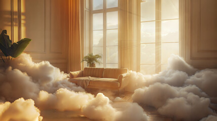 Surreal dreamy living room filled with clouds and sunlight