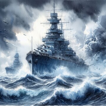 Watercolor of Navy Ship in Turbulent Sea