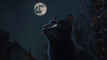 Black Cat Gazes Upon a Full Moon at Night