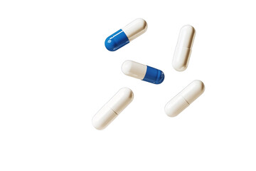 Antibiotic pill capsules flying on transparent background