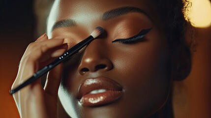 Obraz premium Professional makeup artist applying makeup on a model in a beauty studio.