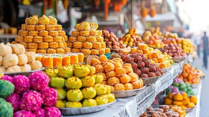 Obraz premium Vibrant Indian sweets on display at a bustling market stall. A colorful array of traditional treats in an open-air setting.