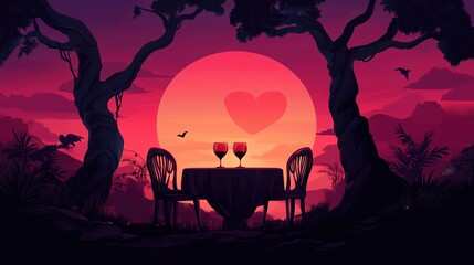 Romantic dinner table with wine glasses and heart in sunset. Valentine's Day date content