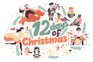 The twelve days of Christmas. English Christmas carol. Vector isolated illustration