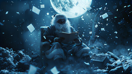 Fototapeta premium Santa claus reading by moonlight amidst flying pages in a snowy wonderland