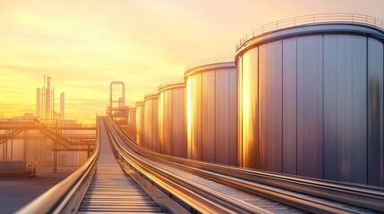 Fototapeta premium Industrial oil storage tanks at sunrise, modern factory scene