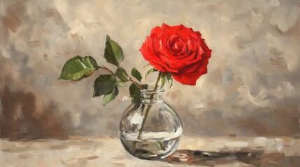 Single Red Rose in Glass Vase on Neutral Background