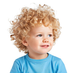 Naklejka premium Happy child with curly hair on white isolate background