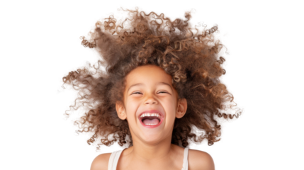 Happy child with curly hair laughing joyfully, white isolate background