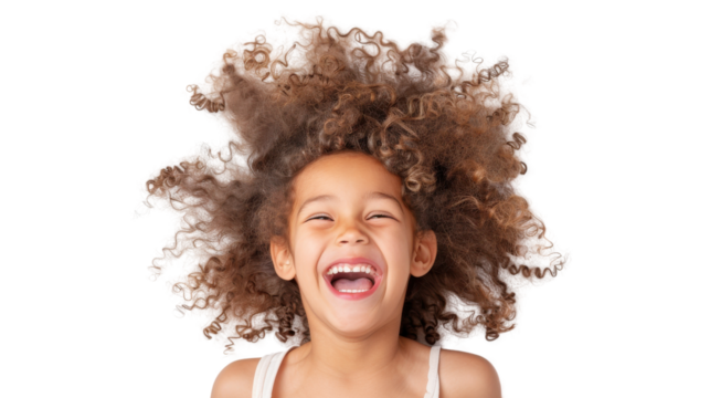 Happy child with curly hair laughing joyfully, white isolate background