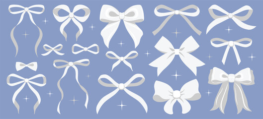 Vector illustration of christmas vintage bow set. Bows for hair decor. Trendy girls accessories. Cute hairstyle elements collection. Coquette, ribbons. Wedding invitation, party. New year decoration