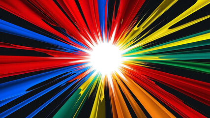 Abstract digital artwork featuring a dynamic explosion of vibrant colors on a dark background.