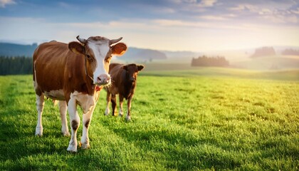 nature farm cows, grass field background, Fresh and Relax concept. For montage product display or design key visual layout. View of copy space