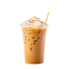 Iced coffee drink with straw on isolated background.