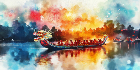 Dragon boat race to festival Chinese New Year Watercolor style