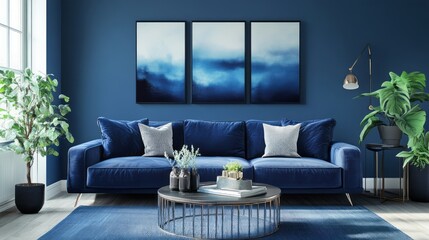 Modern Living Room with Blue Sofa, Blue Art and a Blue Rug