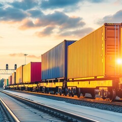 Obraz premium Cargo containers transitioning from train to truck, smooth logistics flow