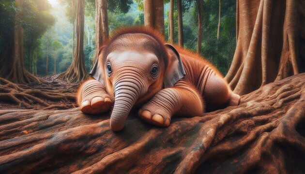 kleiner Elefant chillt auf Baumstamm
