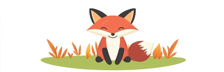 Fototapeta premium A cheerful cartoon fox sitting on a grassy patch surrounded by colorful bushes. Perfect for illustrating nature and wildlife themes.