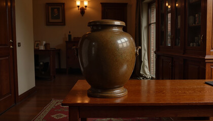 Cremation urn on wooden table in traditional interior