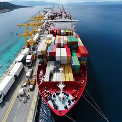 Fototapeta premium Cargo ship docked with trucks loading, multimodal transfer, efficient distribution