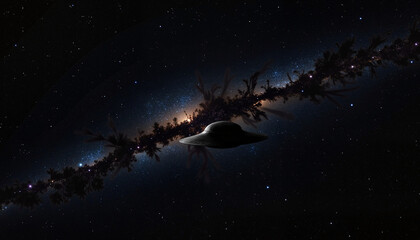Naklejka premium UFO flying through starry night sky with Milky Way