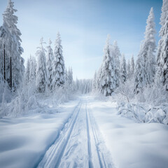 Naklejka premium ski marks in the winter forest, copy space