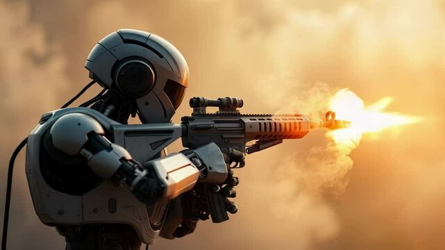 A futuristic combat robot in a desert environment, firing a weapon with precision. The robot sleek, armored design and glowing visor create a high-tech, intense atmosphere.