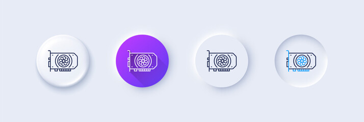 Gpu graphic card line icon. Neumorphic, Purple gradient, 3d pin buttons. Computer component hardware sign. Line icons. Neumorphic buttons with outline signs. Vector