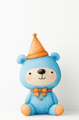 Cute blue bear wearing an orange party hat, perfect for children's illustrations, birthday invitations, and playful decorations.