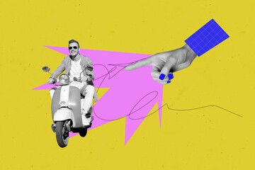 Composite trend artwork sketch image collage of hand gesture finger point manicure sleeve show...