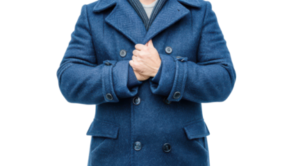 Man in blue coat, standing with arms crossed, isolated background.