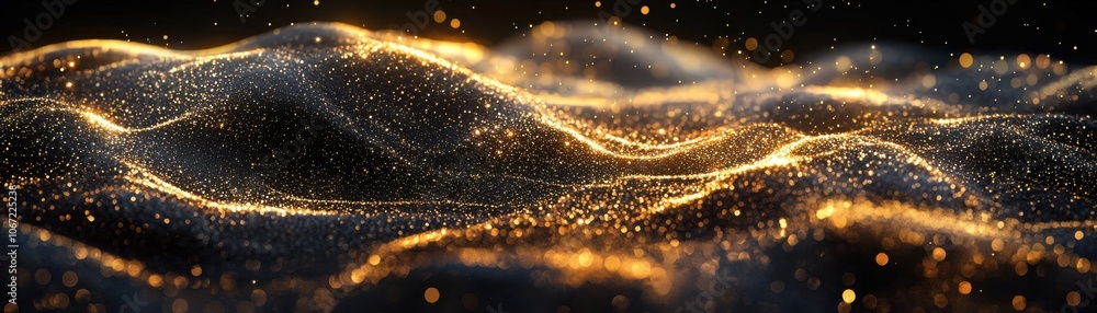 Poster abstract golden waves illuminated by soft light, creating a mesmerizing flow of sparkles and depth, 