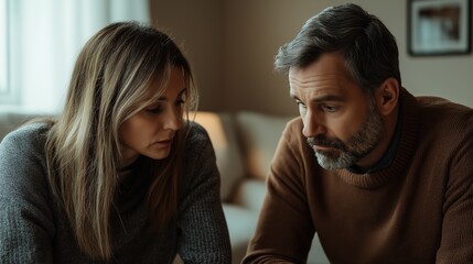 Concerned couple in sweaters having serious conversation. Relationship counseling