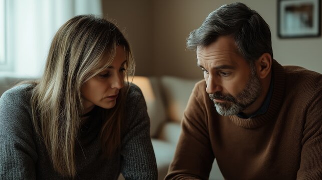 Concerned couple in sweaters having serious conversation. Relationship counseling