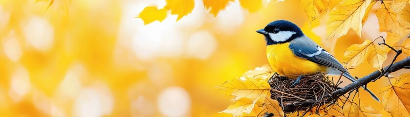 Obraz premium A vibrant blue and yellow bird perched on a nest surrounded by bright autumn foliage, showcasing nature's beauty in fall.