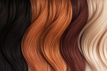 Fototapeta premium A stunning array of wavy hair strands in various colors, showcasing the beauty and texture of each shade for hair styling and fashion inspiration.