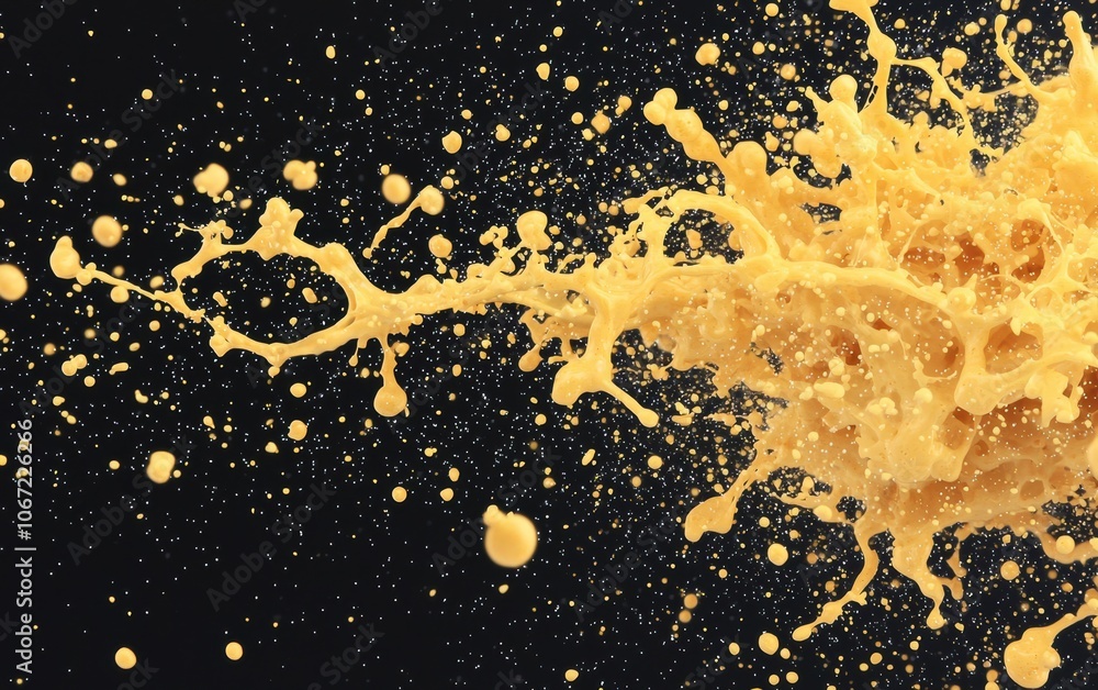 Poster dynamic splash of yellow liquid creating a striking visual against a black background, perfect for c