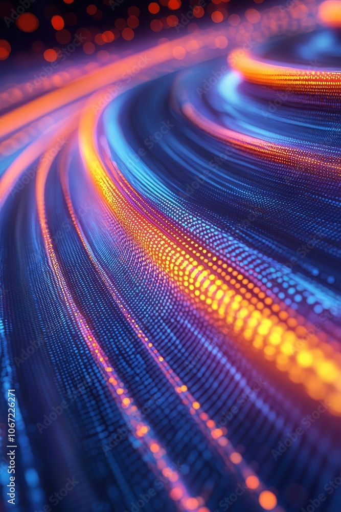 Poster vibrant abstract motion trails illuminated in blue and orange hues, creating a mesmerizing digital e
