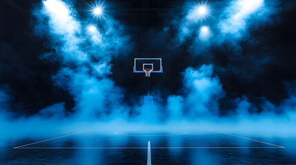 Moody basketball court with illuminated hoop surrounded by dramatic blue smoke under spotlights in a dark, atmospheric setting.