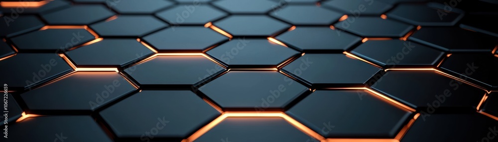 Poster a close-up view of interlocking hexagonal patterns with glowing edges, creating a modern and futuris