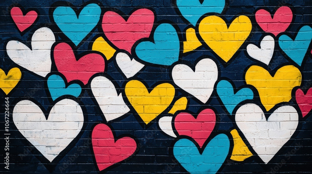 Poster colorful hearts in various shapes on a textured wall create a vibrant and playful atmosphere. perfec