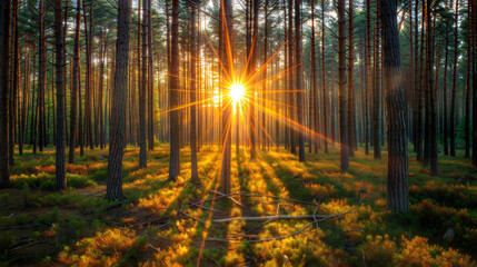 Naklejka premium Sunlight breaking through pine trees in a tranquil forest landscape