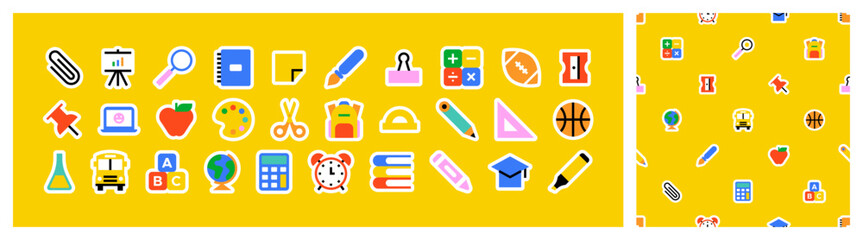 Colorful back to school sticker seamless pattern set. Modern education icon background, fun study concept wallpaper print. Children stationery texture, art supplies symbol design. © Dedraw Studio