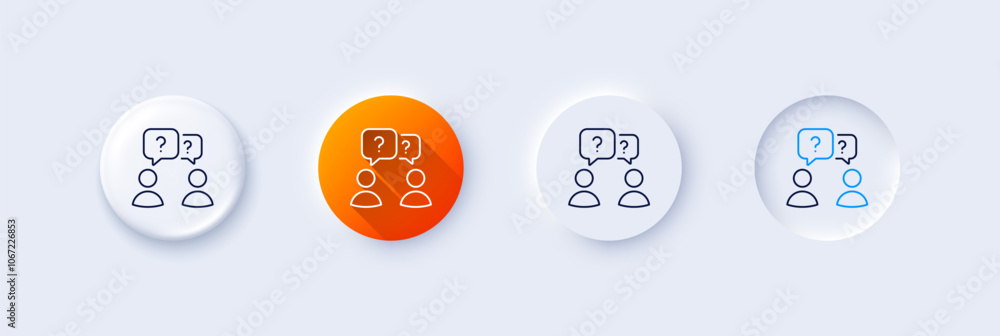 Poster teamwork questions line icon. neumorphic, orange gradient, 3d pin buttons. ask help sign. support pr