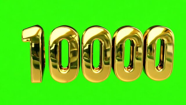 Golden 10k number on green screen background. 3d render golden 10.000 shiny golden number text animation on green screen,10k 3d golden number animation for social media likes, followers, subscribers