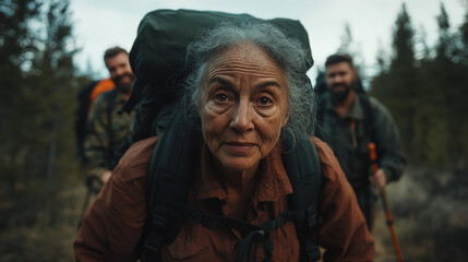 Fototapeta premium Smiling senior woman with backpack hiking in a forested trail alongside a group of fellow hikers, enjoying outdoor adventure and nature. 