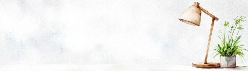 Obraz premium A minimalistic workspace featuring a stylish lamp and a potted plant, ideal for inspiring creativity and promoting a calming atmosphere.