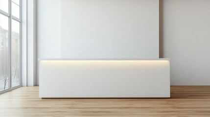 Fototapeta premium Modern Reception Desk in Minimalist Office Space with Large Windows and Wooden Flooring